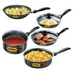 Hawkins Futura 5 Pieces Cookware Set 4 - Non Stick Kadhai, Two Frying Pans, Saucepan, Saute Pan and Two Glass Lids, Black (NSET4)