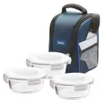 Treo Health Plus White Round Glass Lunch Box 380 ml (3 pcs) with Bag