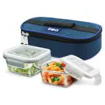 Treo Health Plus Transparent Square Glass Lunch Box with Bag 250 ml (Set of 2)