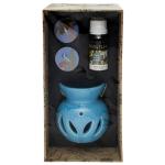 Soulflower Walk In The Wood Round Blue Ceramic Candle Diffuser + 2 T Light Candle + Aroma Oil 30 ml
