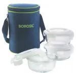 Borosil Transparent Round Glass Microwavable Lunch Box 400 ml (Set of 3) with Bag