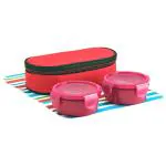 All Time Food Gear Pink Round Plastic Lunch Box 230 ml (Set of 2) with Insulated Carry Bag