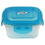 Iveo Micro Ware Transparent Square Glass Container with Blue Lid 320 ml