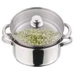 Kitchen Essentials Round Stainless Steel Induction Bottom Modak Maker 20 cm with Glass Lid & Steel Handle