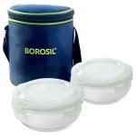 Borosil Microwavable Tall Round Glass Lunch Box 400 ml (Set of 2) with Bag