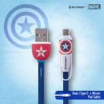 Reconnect Marvel Captain America Dual Cable, Micro USB & Type C, Charge & Sync, Premium Flat cable design, 1m long - DCB301 CA