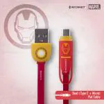 Reconnect Marvel Iron Man Power Cords Dual Cable Micro USB & Type C charge & sync Flat cable design 2.4A Output Safety efficient4 core cable DCB301 IM