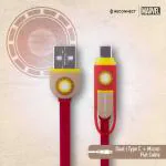 Reconnect Marvel Iron Man Power Cords Dual Cable Micro USB & Type C charge & sync Flat cable design 2.4A Output Safety efficient4 core cable DCB301 IM