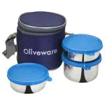Oliveware Stylo Assorted Round Stainless Steel 3 Tier Lunch Box 200+200+600 ml (3 pcs) (Design/colour may vary)