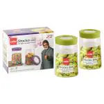 Cello Stacko Transparent Round Plastic Jar 1 L with Green Lid (2 pcs)