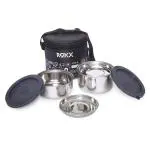 Roxx Happy Meal Stainless Steel Tiffin Box with Black Plastic Lid & Bag 300+240 ml (Set of 2)