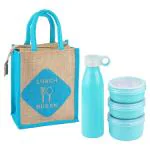 Amson Eco Steel Premium Blue Plastic Lunch Box & Bottle Set with Bag (Set of 5)