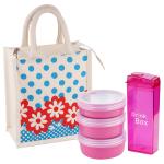 Amson Eco Steel Classic Pink Plastic Lunch Box & Bottle Set 250+300+300+450 ml with Bag