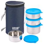 Amson Executive Steel Blue Lunch Box with Plastic Lid 350+350+350+500 ml with Bag (Set of 5)