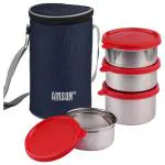 Amson Executive Steel Round Lunch Box 350x3+500 ml with Red Plastic Lid & Bag (5 pcs)