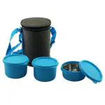 Home One Plus Assorted Colour Round Insulated Plastic Lunch Box 500+500+300 ml (Set of 3) with Bag (Design/colour may vary)