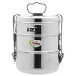 Khatana Silver Stainless Steel Clip Tiffin Carrier 9x3 (2500 ml)
