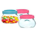 Yera Transparent Glass Pickle Jar with Multicolour Lid 195 ml (Set of 3)