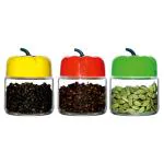 Yera Transparent Round Glass Jar with Capsicum Assorted Colour Lid 280 ml (Set of 3)