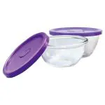 Yera Polo Transparent Round Glass Bowl with Purple Lid 435 ml (Set of 2)