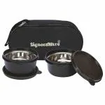 Signoraware Monarch Midday Microwave Safe Lunch Box (2 Stainless Steel Containers + Insulated Bag) (350ml+350ml, Set Of 2, Black Office/Kids Series)