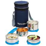 Signoraware Executive Stainless Steel Lunch Box Set 4 With Bag | Stainless-Steel Leak-Proof Containers | Full Meal Boxes (Container Size 200mlx1 | 350mlx2 | 500mlx1 | Blue)