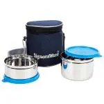 Signoraware Executive Stainless Steel Lunch Box Set 2 With Bag | Stainless-Steel Leak-Proof Containers | Full Meal Boxes (Container Size 350mlx1 | 500mlx1 | Blue)