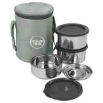 Home One Stainless Steel Double Wall Lunchbox with Grey Bag (Set of 3)