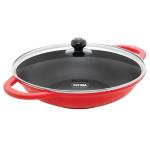 Hawkins 3 Litre Shallow Kadhai, Die Cast Non Stick Frying Pan with Glass Lid, Ceramic Coated Pan, Induction Shallow Frying Pan, Frying Pan, Red (IDCSK3G)