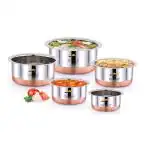 Ginara Copper Bottom Stainless Steel Cookware Set Serving Cooking Tope Patila Bowl 5 Pcs (450ml, 750ml,1200ml,1500ml, 2000ml)