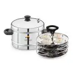 Ginara Steel Idly Cooker Pot | Idli Pot compatible with Induction and Gas Stove | Steel Idli Maker with Silver Lid - 4 Plates (16 Idlies)
