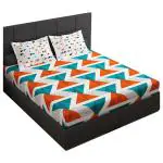 Story@Home Blue & Orange 152 TC Cotton Floral Double Bedsheet with 2 Pillow Covers