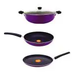 Crisera Induction Base Non-Stick Aluminium Cookware Set, 4-Pieces |Purple| Kadhai wid Glass lid 24CM| Fry Pan 24CM| Tawa 28CM| 3 Layer Coating | Thickness 2.6 MM | Health Guard