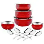 Classic Essentials Stainless Steel Cook & Serving Handi Set 5pcs with 5 Serving Spoon- Red