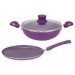 Navrang Aluminium Granite premium Non-stick Cookware Set 2 Pcs, Tawa 25cm,Kadhai 24cm with Glass lid, Soft touch handle,  2.5mm Thickness Purple