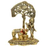 eCraftIndia Lord Krishna Playing Flute Under Tree with Golden Cow and Calf Showpiece