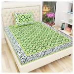 RajasthaniKart 100% Cotton 144 TC Single Bedsheet(215 cm X 137 cm) with 1 Pillow Cover(68 cm X 42 cm) Green Golla Jaipuri