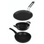 Livflame Black Hard Anodised Cookware Set of 3- 20cm Kadai, 20cm Frypan & 25cm Dosa Tawa