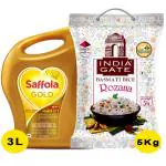 India Gate Rozana Basmati Rice 5 kg + Saffola Gold Rice Bran Based Blended Oil 3 L (Combo Pack)