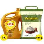 Saffola Gold Refined Rice Bran And Corn Based Blended Oil 3 L + Daawat Devaaya Basmati Rice 5 kg (Combo Pack)