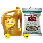 Saffola Gold Rice Bran And Corn Based Blended Oil 3 L + India Gate Regular Choice Basmati Rice 5 kg
