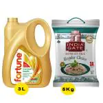 Fortune Physically Refined Rice Bran Oil 3 L (Can) + India Gate Regular Choice Basmati Rice 5 kg