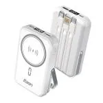 Foxin All-In-One Mag Pro Wireless Power Bank 10000 mAh - Magsafe Powerbank for iPhone with built-in Cables, Adjustable Metallic Stand & Digital LED Display - BIS Certified | 22.5W, White