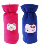 Lala Maneet Soft Plush Stretchable Baby Feeding Bottle Cover Easy to Hold Strap with Cute Animated Cartoon| Suitable for 130-250 Ml Feeding Bottle(Dark Pink-Dark Blue)