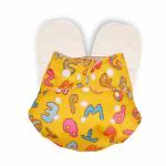 Deedry Oeko-Tex Certified Unisex Washable & Reusable Diapers with Adjustable Snap Buttons (One Size Perfect Fit) , comes with Absorbent Inserts/Pads- (3Months- 3Years) (ABC Alphabet-Yellow, With 2 Inserts)