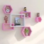 Belief Wood White, Pink Wood Intersecting And Hexagon Wall Decor Floating Display Shelves (Set Of 6)