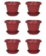 JOREN Combo of RED 8 Inch Plastic Flower Pots With TRAY | Small Planter | Decorative Gamla | Nursery Plant Container | Balcony Plant Container for Indoor & Outdoor Gardening Needs
