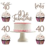 Festiko 40 And Fabulous Cake Topper And 24Pcs Forty 40 Hello 40 Cupcake Toppers Rose Gold Glitter