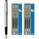 Parker Frontier Stainless Steel GT Fountain Pen + Quink Ink Cartridge - Blue (Pack of 6)