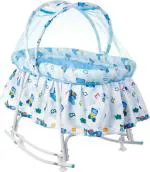 Fun Baby New Born Baby jhula/Baby palna/Crib / Bassinet with Mosquito Net and Blue Rocking Base Bassinet Bassinet (Blue)